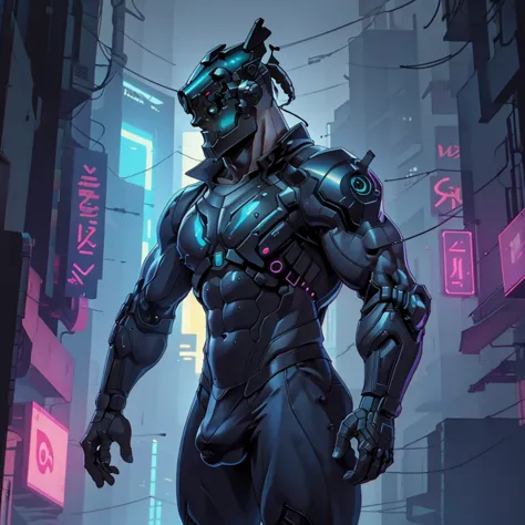 male, (muscular, full nude, only Glowing cyberpunk future helmet, big bulge,) realistic, human skinned, roof of building, night,...