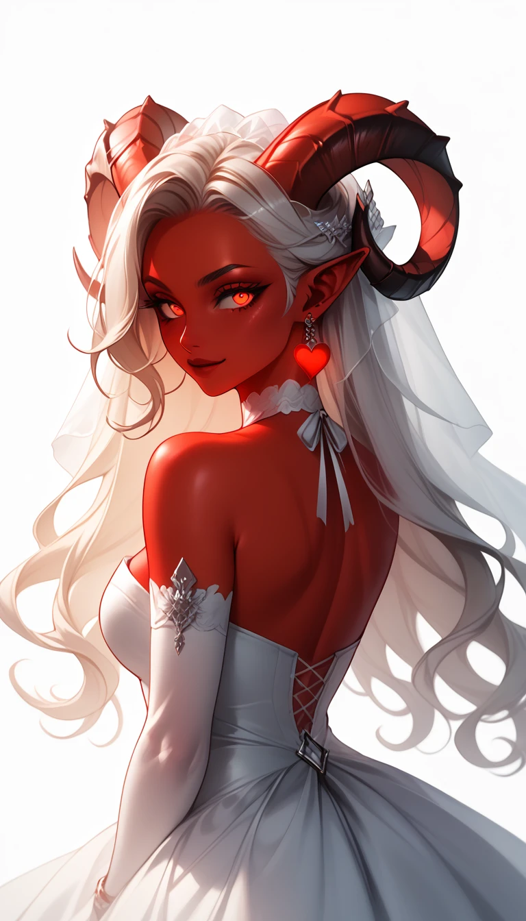 score_9, score_8_up, score_7_up, 1girl, solo, flowing hair, glowing red eyes, curved ram horns, sharp ears, red skin, demoness, stark white background, limited red palette, monochromatic, eerie atmosphere, light wedding dress, seductive,