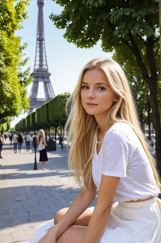 photo realistic, a young blonde woman, 23 ans, skin white, long blonde hair, angelic face, lovely woman. La jeune femme doit faire environ 1m75 pour 58 kg. She is dressed in a white t-shirt and a light skirt.. 4 photos, 1 photo en portrait, 1 photo sitting on a Parisian café terrace drinking coffee on a sunny day, 1 photo dans les rues de Paris avec la tour Eiffel en fond le matin avec un levé de soleil, 1 photo in a park in the middle of the afternoon on a summer day. Les phots doivent être réaliste en définition ultra HD avec des détails d'un photographe professionnel.