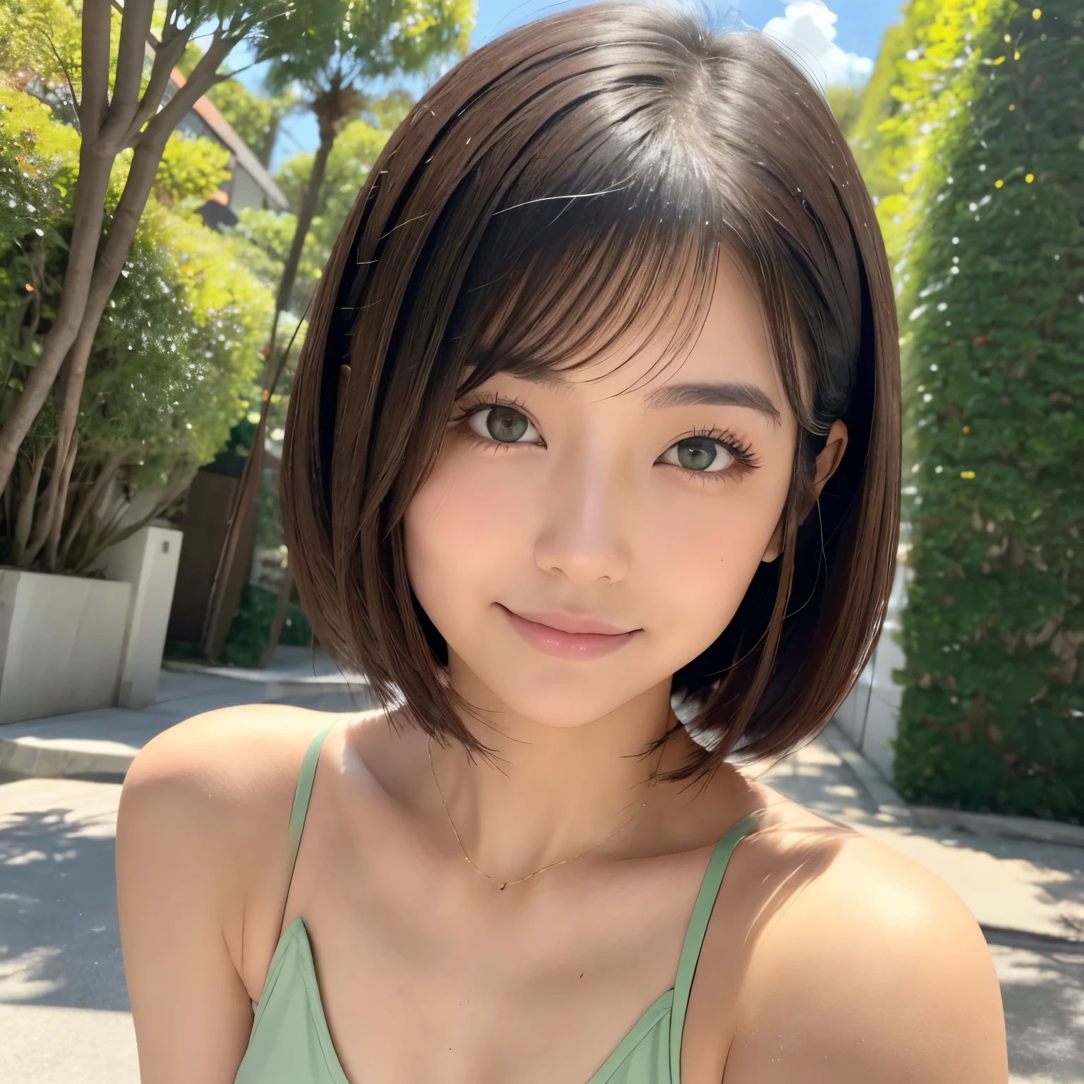 Photoréaliste、Région de Masséter、la plus haute qualité、haute résolution、Photos brutes、Authentique、éclairage lumineux、visage léger、Éclairage professionnel fluide、femmes japonaises、Belle femme、Modèle、gravure、Sexy、si beau、Authentique beautiful skin、yeux beaux et détaillés、Visage détaillé、Mince、Gros seins de taille moyenne、Cheveux courts、cheveux noirs、yeux verts、En regardant la caméra、débardeur blanc、pantalon de bikini、Pose photo