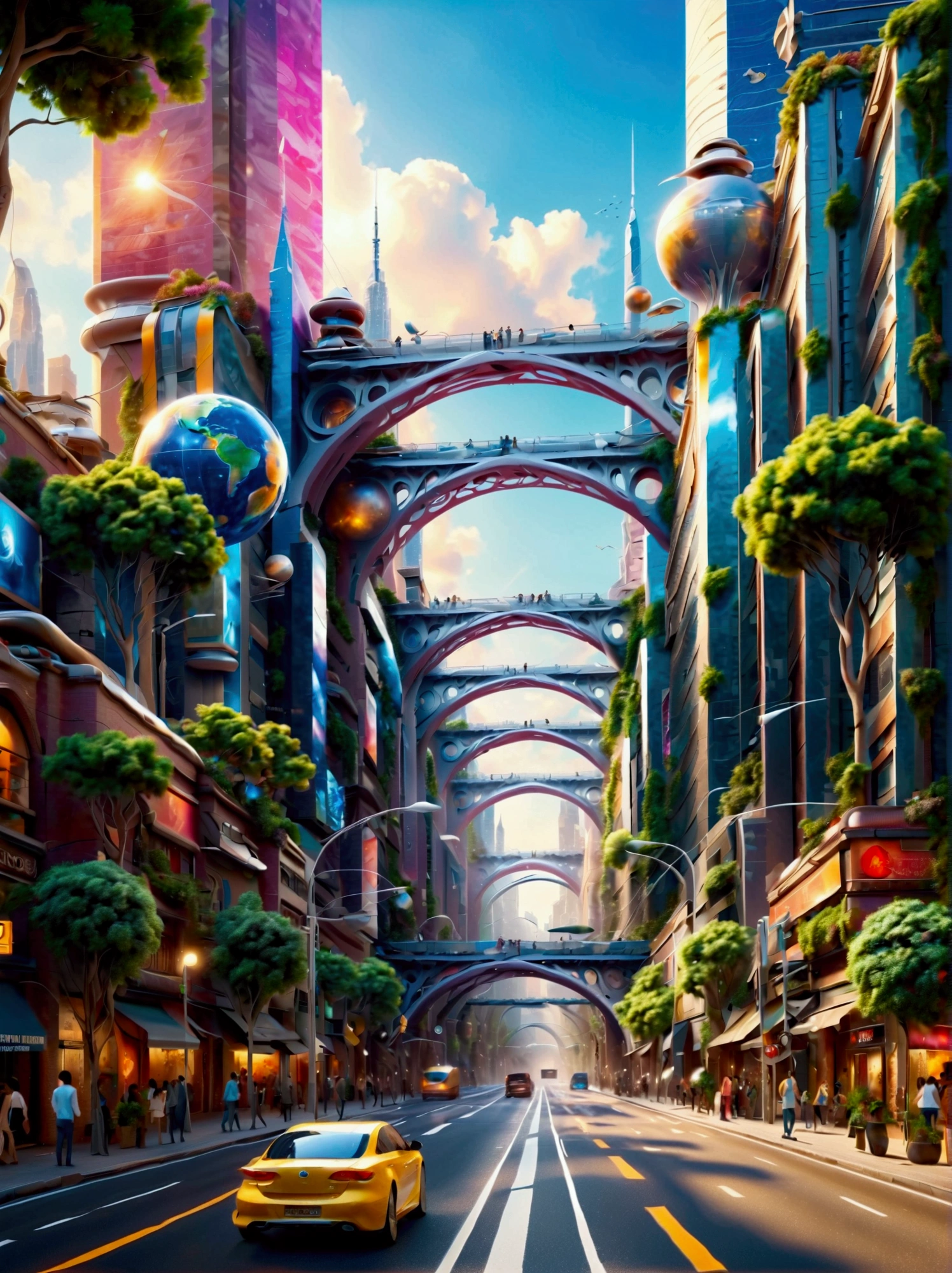 Cidade futuristica, 24th century, skyscrapper, nanomaterials, streamlined line design, Road system, Maglev train, trpical garden, A plant, the trees, Air purification, Regulate the climate, air vehicle, Anti-gravity technology, Dynamic colored lights, Automated robots, Intelligent assistance systems, Virtual reality technology, Technologie, Artistically, Innovative, ((hyper realistic detailed)), Global illumination, Octane rendering, Super sharp, metal, complex, detailed decoration, Bright colors, New York details, highly intricate detail, realistic raytraicing, CGSociety trends, eye disease, facing camera, neon light detail, 8K