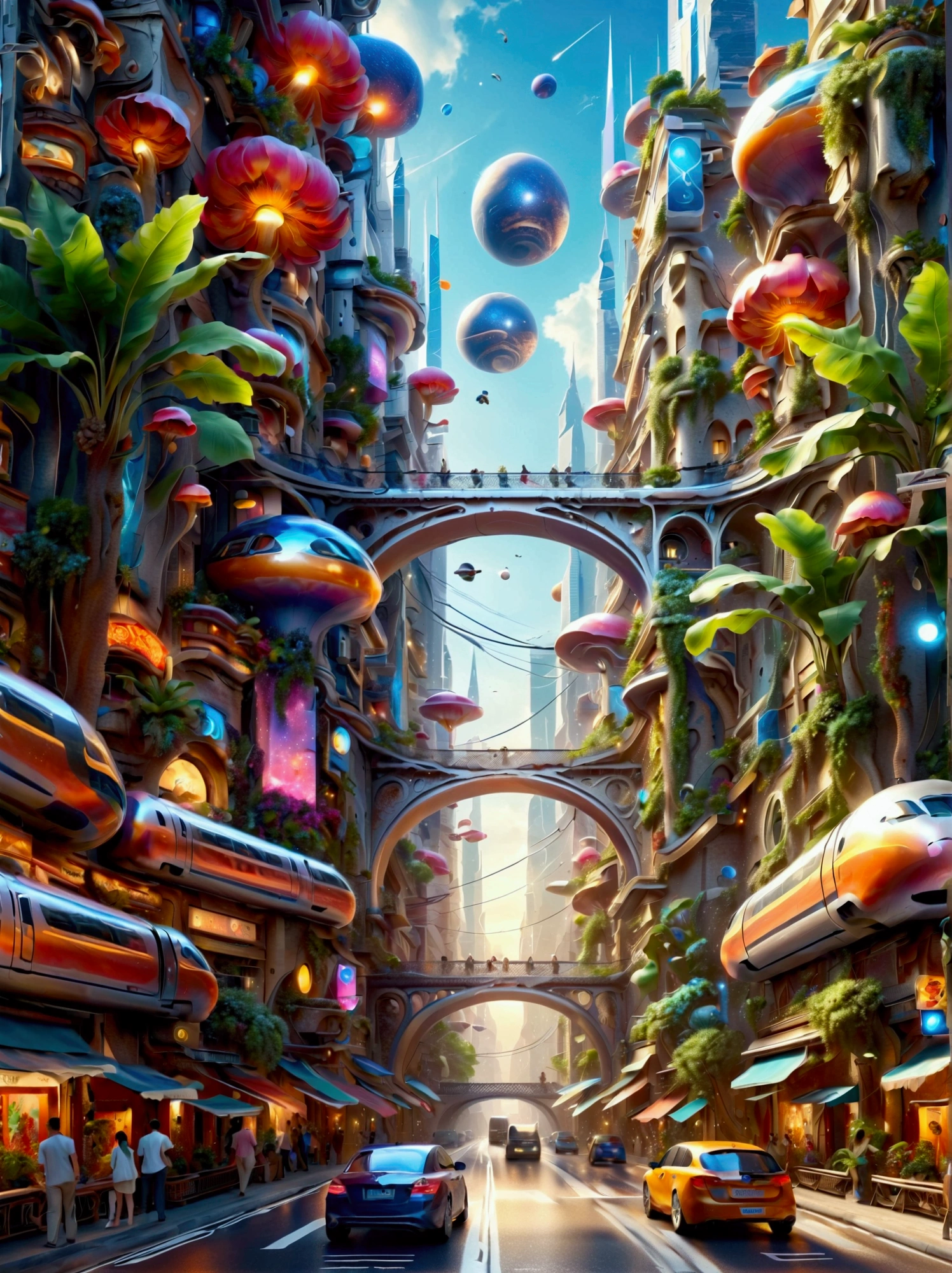 Cidade futuristica, 24th century, skyscrapper, nanomaterials, streamlined line design, Road system, Maglev train, trpical garden, A plant, the trees, Air purification, Regulate the climate, air vehicle, Anti-gravity technology, Dynamic colored lights, Automated robots, Intelligent assistance systems, Virtual reality technology, Technologie, Artistically, Innovative, ((hyper realistic detailed)), Global illumination, Octane rendering, Super sharp, metal, complex, detailed decoration, Bright colors, New York details, highly intricate detail, realistic raytraicing, CGSociety trends, eye disease, facing camera, neon light detail, 8K