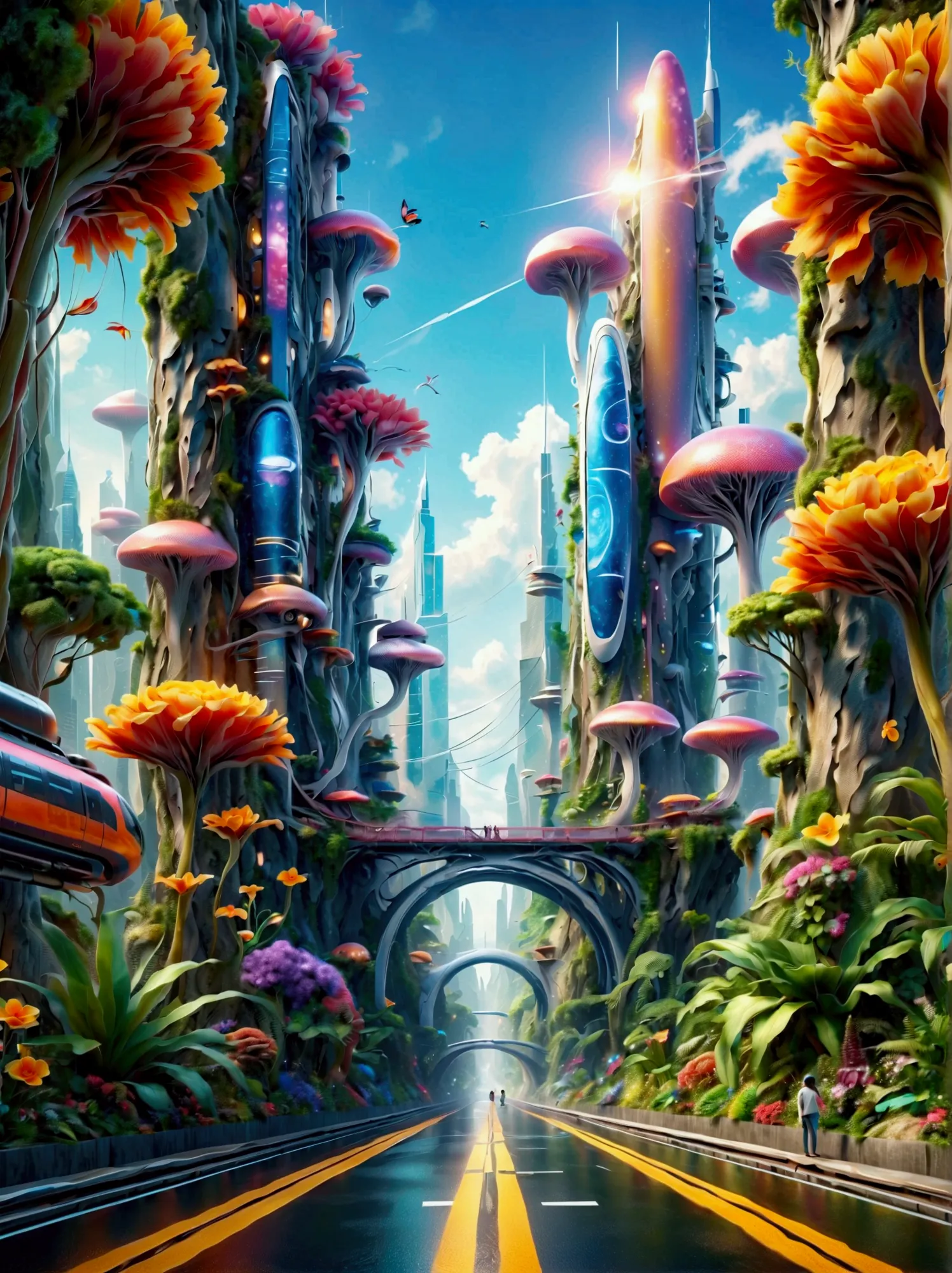 cidade futuristica, 24th century, skyscrapper, nanomaterials, streamlined line design, road system, maglev train, trpical garden...