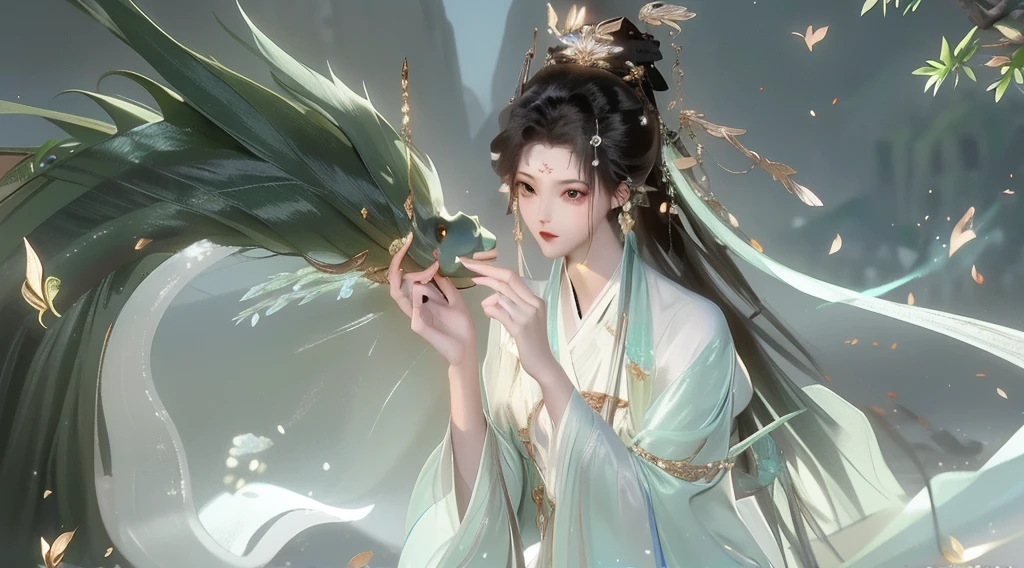 A woman，One-stop service，A woman和龙对视，Green tones。Chinese dragon，a women in white aodai，Black long hair，（Best quality，masterpiece：1.2），Ultra-high resolution，Realistically，Front lighting，Intricate details，Exquisite details and textures，（1 Girl），solo，Upper part of the body，，漂亮的big eyes，，Beautiful face，For the audience，ribbon，gossamer，（young），Facial highlights，Detail production，Tear mole，White skin，Black hair，High Ponytail，Looking at the audience，big eyes，（Openwork pattern）Slim figure，White background，The right hand，Professional lighting，Photon Mapping，Radio City，Physically Based Rendering ((best quality, 8K, masterpiece:1.3)), 