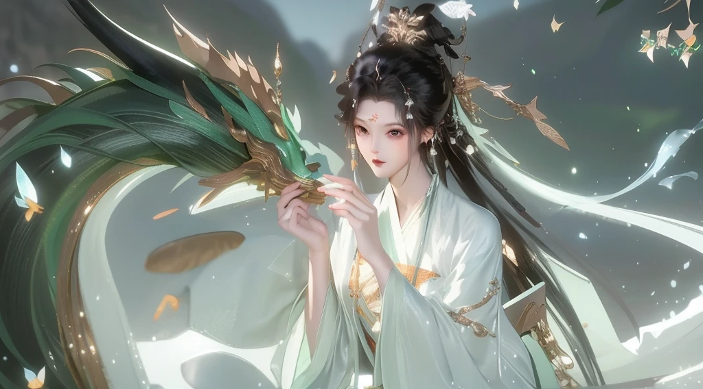 une femme，Service à guichet unique，une femme和龙对视，Tons verts。Dragon chinois，une femme en aodai blanc，cheveux longs noirs，（Meilleure qualité，chef-d&#39;œuvre：1.2），Ultra haute résolution，De façon réaliste，Éclairage avant，détails complexes，Détails et textures exquis，（1 fille），seulement，Partie supérieure du corps，，漂亮的gros yeux，，Beau visage，pour le public，ruban，gaze，（jeune），Faits saillants du visage，Production de détails，Taupe de déchirure，peau blanche，cheveux noirs，Queue de cheval haute，En regardant le public，gros yeux，（Motif ajouré）silhouette mince，fond blanc，La main droite，Éclairage professionnel，cartographie des photons，Ville Radio，Rendu physique ((Meilleure qualité, 8k, chef-d&#39;œuvre:1.3)), 