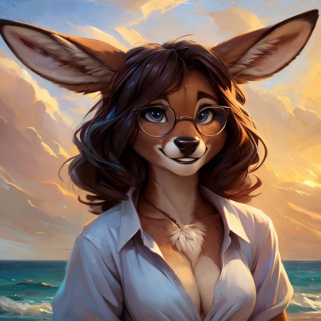 uploaded on e621, by Pixelsketcher, by Bayard Wu, by Thomas Benjamin Kennington , by Einshelm, by hioshiru and kenket, Chunie, portrait, solo anthro female deer doe, with small featureless breasts, clear dark blue, cinematic lighting, day, sunny day, beach, stays in the sea, sea background, mediterranean background, horizon background, shiny, short curly dark brown hair, wears big black nerd glasses, very very beautiful furry art, furry art, smiling, joyful, shiny, happy, feminine, cute face, muzzle, fluffy chest, flawless face, Fallow deer, 1girl, Sakimichan is beautiful, Masterpiece, Wavethesallow Face, shiny, Detailed image, portrait, Detailed image, portrait, full body, wearing wide, long, white blouse, shiny, realistic face, perfect anatomy, hourglass body, (furry body:1.1), anthropomorphic deer, small fluffy tail, detailed background, (cute anatomy:1.1), windy, smiling, very happy, happy
