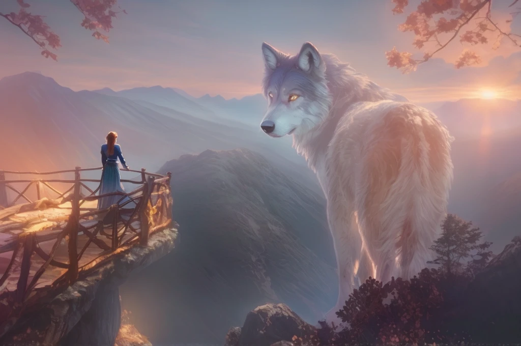 Magical digital illustration, surrealism, sunset, huge wolf walk among the mountains,  turns round and looks at the girl, girl standing with her back, A girl stands on a wooden balcony overlooking a vast, misty mountain landscape, a girl dressed in a Caucasian national dress, with two long braids, calm peaceful atmosphere, natural light, (( Artem Chebokha, Devin Elle Kurtz, Rossdraws style)), Peter Morbacher style, awarded on artstation, cinematic light, magical light, The scene combines elements of fantasy and nature: the man is looking into the distance, while the huge wolf adds a surreal touch.