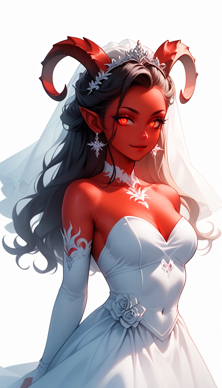 score_9, score_8_up, score_7_up, 1girl, solo, flowing hair, glowing red eyes, cute curved ram horns, sharp ears, red skin, demoness, stark white background, limited red palette, monochromatic, eerie atmosphere, light wedding dress, seductive,