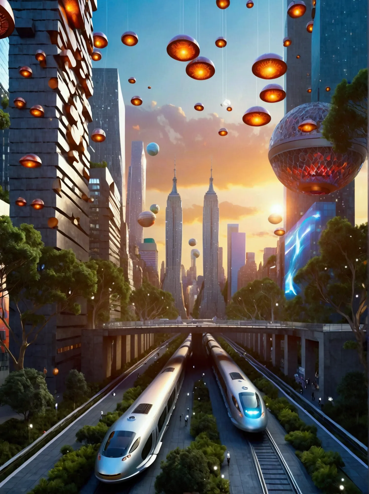 cidade futuristica, 24th century, skyscrapper, nanomaterials, streamlined line design, road system, maglev train, trpical garden...