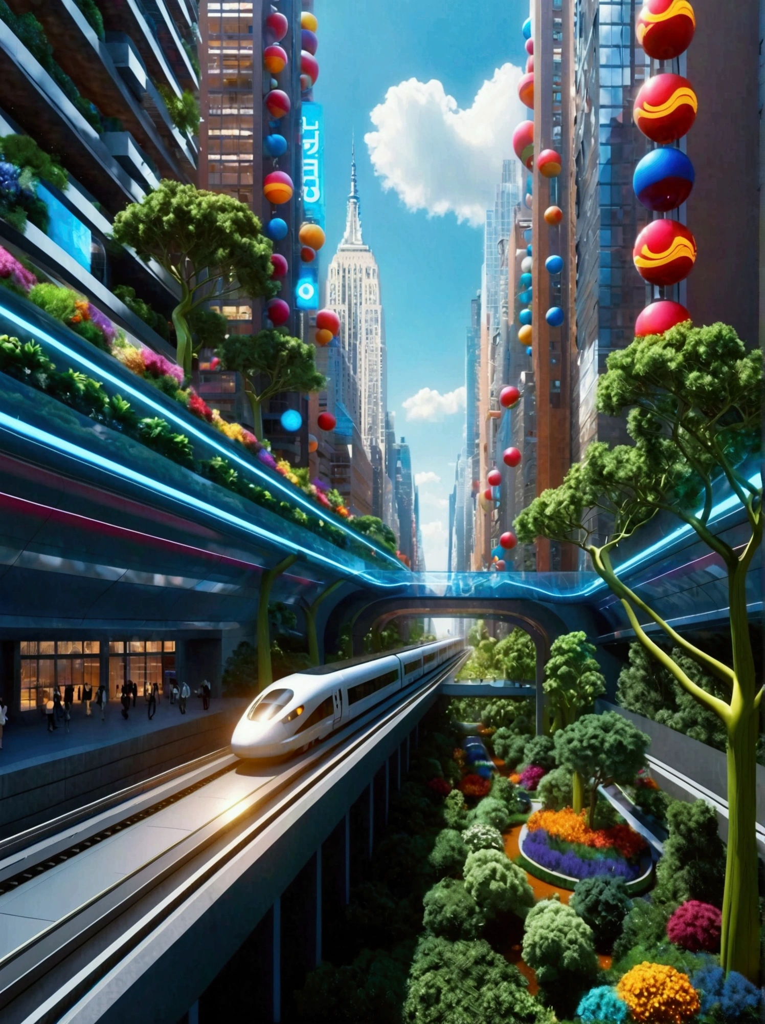 Cidade futuristica, 24th century, skyscrapper, nanomaterials, streamlined line design, Road system, Maglev train, trpical garden, A plant, the trees, Air purification, Regulate the climate, air vehicle, Anti-gravity technology, Dynamic colored lights, Automated robots, Intelligent assistance systems, Virtual reality technology, Technologie, Artistically, Innovative, ((hyper realistic detailed)), Global illumination, Octane rendering, Super sharp, metal, complex, detailed decoration, Bright colors, New York details, highly intricate detail, realistic raytraicing, CGSociety trends, eye disease, facing camera, neon light detail, 8K