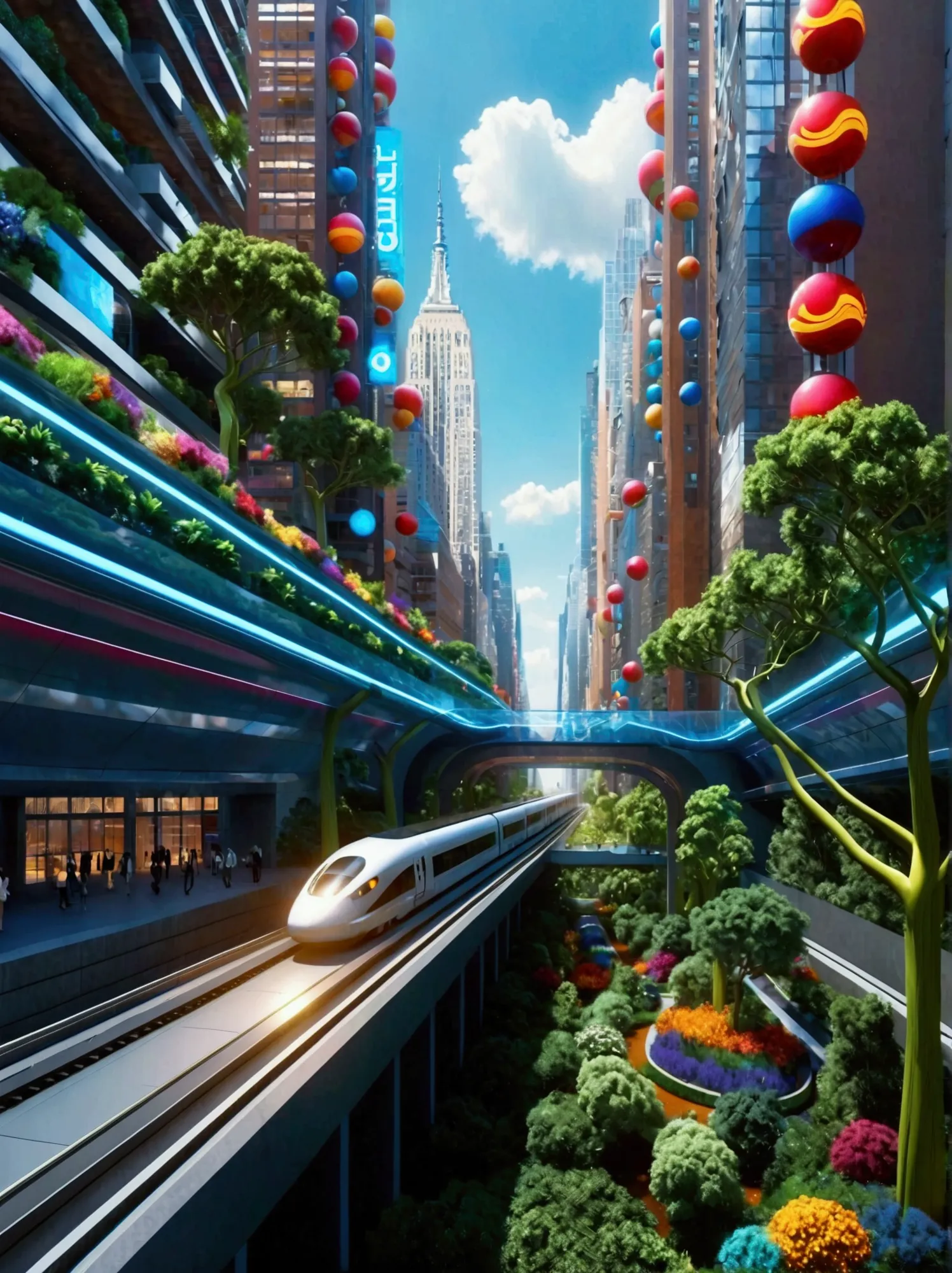 Cidade futuristica, 24th century, skyscrapper, nanomaterials, streamlined line design, Road system, Maglev train, trpical garden...