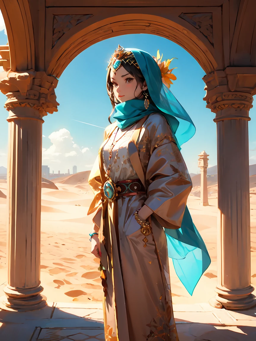 One Girl, Money色のアクセサリー, Veil, gem, Kaftans, Turbaned, Circlet, 額のjewelry, Elegant robes, sand color, oasis, Long Hair, Wavy Hair, Light of the sun, Camel, Sand Dunes, Wind, mysterious, Desert flower, Coin Belt, fabric, embroidery, metallic, scarf, Turquoise, jewelry, Money, Queen, city, ((Cowboy Shot)), (Pillar)