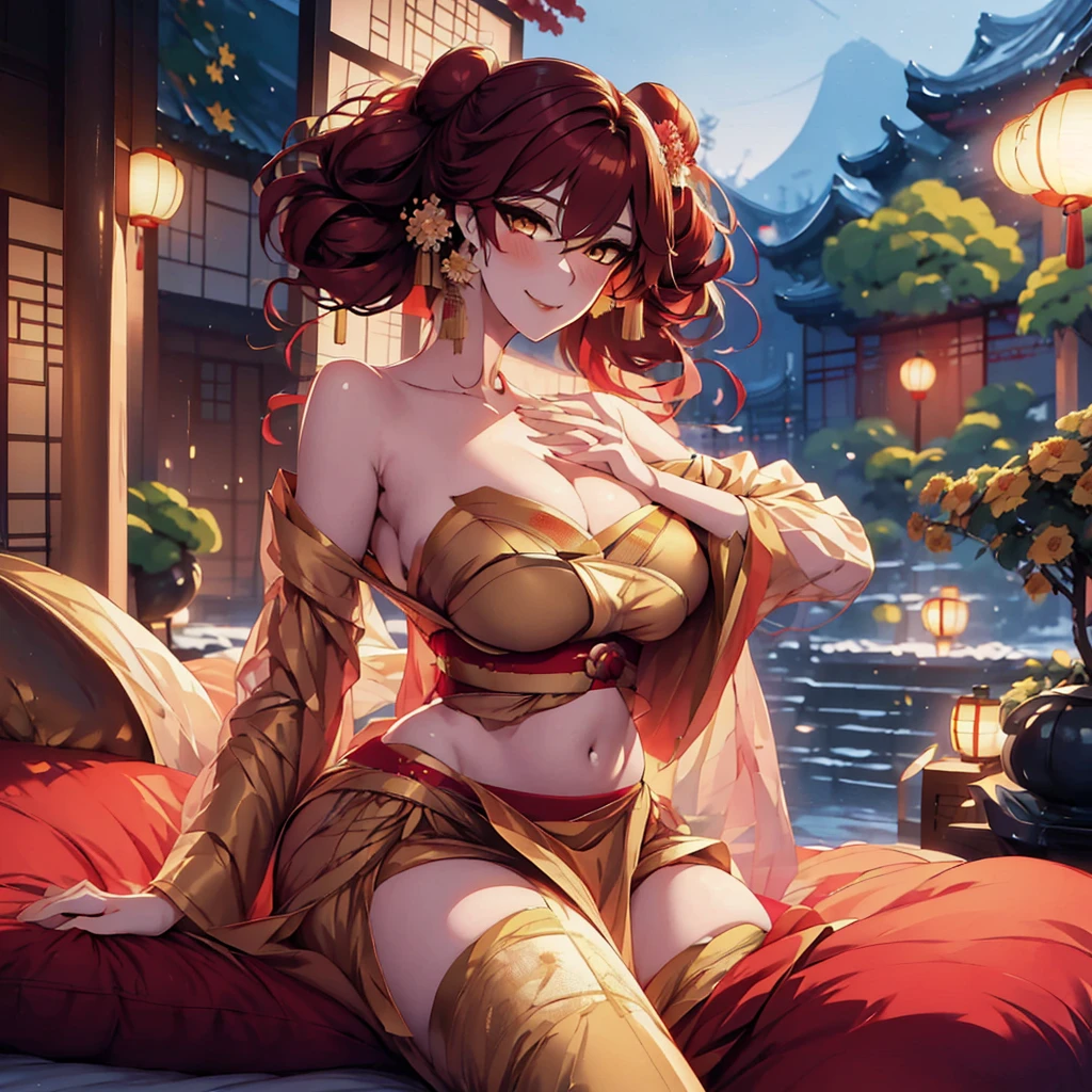 Gorgeous Japanese Mao Abe Hitomi Tanaka in short dark kimono showing her body, anime style, anime realism, mixed with Mao Abe Hitomi Tanaka, lush smile, golden eyes, wavy red hair woman, hair in a bun, bun, twenties, flexible female body, anime style long hair, cleavage, detailed eyes, detailed hands, detailed face, colors, flower, night,