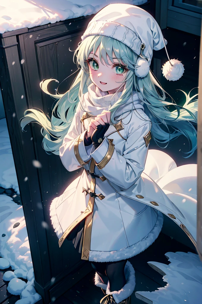 index, index, (Green Eyes:1.5), Silver Hair, Long Hair, (Flat Chest:1.2),happy smile, smile, Open your mouth,Knitted hat,Yellow long coat,White Tokkuri Sweater,Earmuffs,Red baggy gloves,White scarf,Black long skirt,Black pantyhose,short boots,Walking,Snow is piled up,It&#39;s snowing,Snow Scene,Shirogane World,night,moonlight,Let the world enter your illustrations,
break looking at viewer, whole body,
break outdoors, Snow Country,Residential Street,
break (masterpiece:1.2), Highest quality, High resolution, unity 8k wallpaper, (figure:0.8), (Beautiful attention to detail:1.6), Highly detailed face, Perfect lighting, Highly detailed CG, (Perfect hands, Perfect Anatomy),