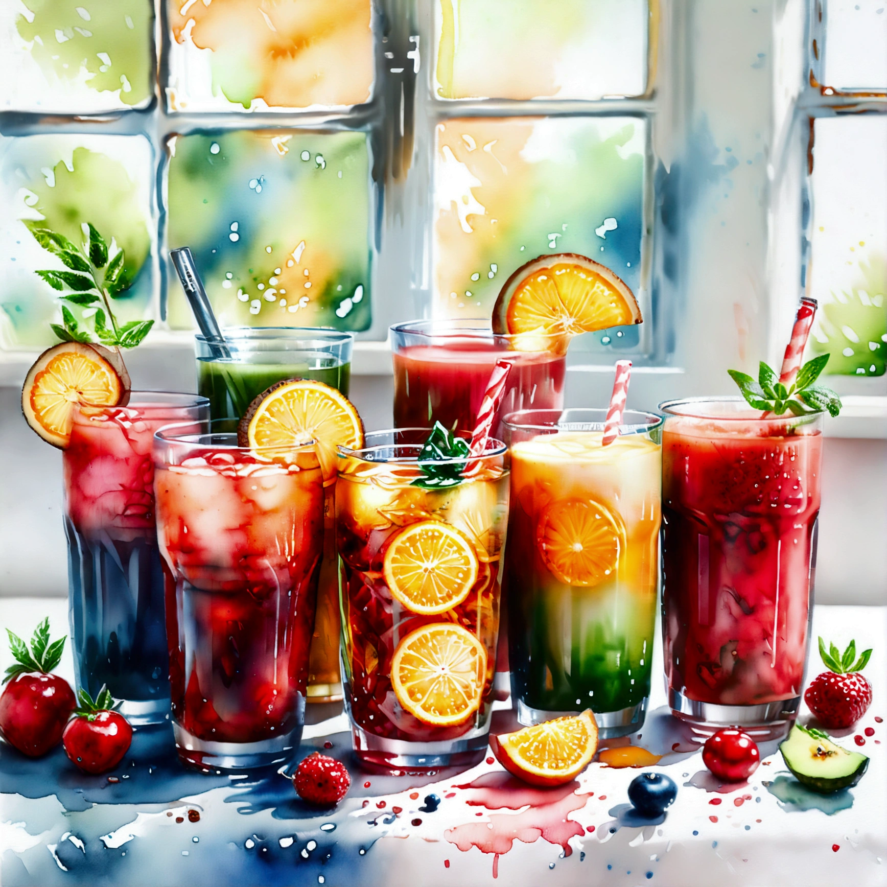 there are many types of colorful healthy drinks served in glasses, the glasses sitting on a surface, juices, smoothie, illustration, isolated with solid white background, surrounded with negative space, centered composition, highest detailed painting, very precise line, Isolated, clear solid white background, perspective angle of view, ((watercolor:1.5)), (lora:add-detail-xl:1), (masterpiece), (best quality), no bread on the floor, washed out color, (ghibli)