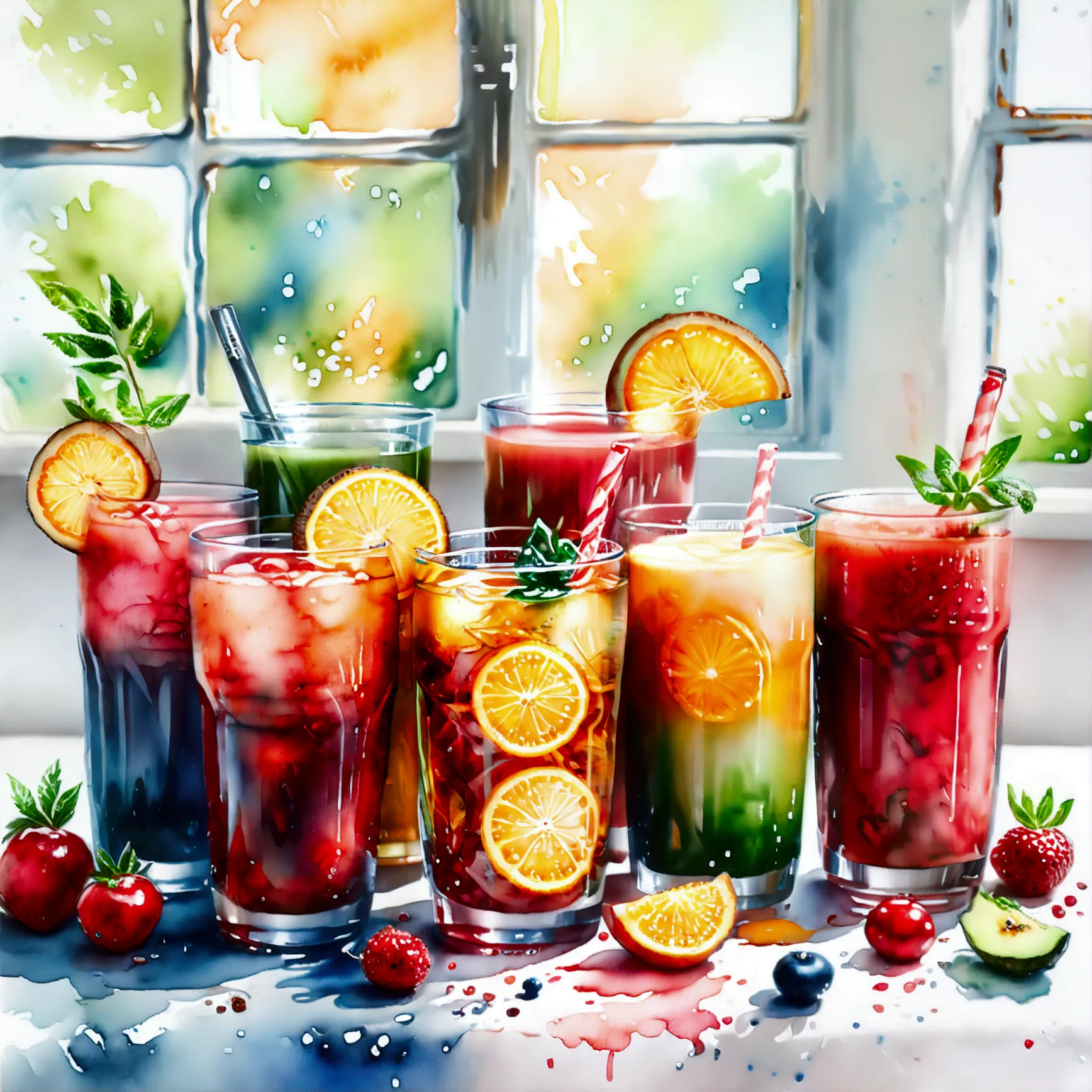 there are many types of colorful healthy drinks served in glasses, the glasses sitting on a surface, juices, smoothie, illustrat...