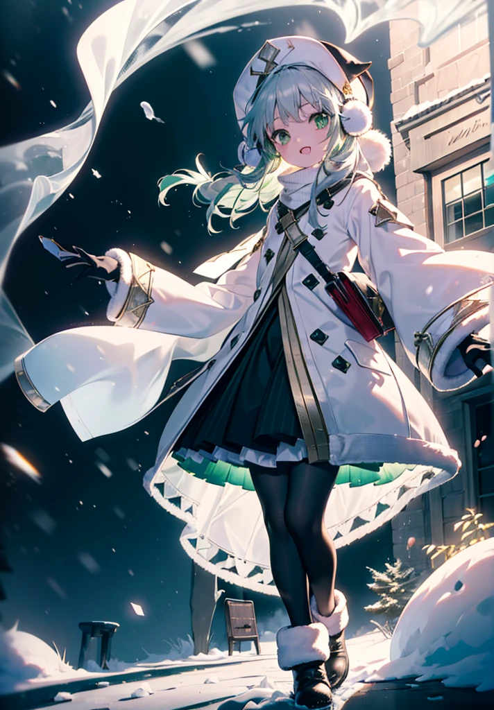 index, index, (Green Eyes:1.5), Silver Hair, Long Hair, (Flat Chest:1.2),happy smile, smile, Open your mouth,Knitted hat,Yellow long coat,White Tokkuri Sweater,Earmuffs,Red baggy gloves,White scarf,Black long skirt,Black pantyhose,short boots,Walking,Snow is piled up,It&#39;s snowing,Snow Scene,Shirogane World,night,moonlight,Let the world enter your illustrations,
break looking at viewer, whole body,
break outdoors, Snow Country,Residential Street,
break (masterpiece:1.2), Highest quality, High resolution, unity 8k wallpaper, (figure:0.8), (Beautiful attention to detail:1.6), Highly detailed face, Perfect lighting, Highly detailed CG, (Perfect hands, Perfect Anatomy),