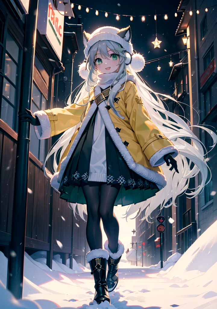 index, index, (Green Eyes:1.5), Silver Hair, Long Hair, (Flat Chest:1.2),happy smile, smile, Open your mouth,Knitted hat,Yellow long coat,White Tokkuri Sweater,Earmuffs,Red baggy gloves,White scarf,Black long skirt,Black pantyhose,short boots,Walking,Snow is piled up,It&#39;s snowing,Snow Scene,Shirogane World,night,moonlight,Let the world enter your illustrations,
break looking at viewer, whole body,
break outdoors, Snow Country,Residential Street,
break (masterpiece:1.2), Highest quality, High resolution, unity 8k wallpaper, (figure:0.8), (Beautiful attention to detail:1.6), Highly detailed face, Perfect lighting, Highly detailed CG, (Perfect hands, Perfect Anatomy),