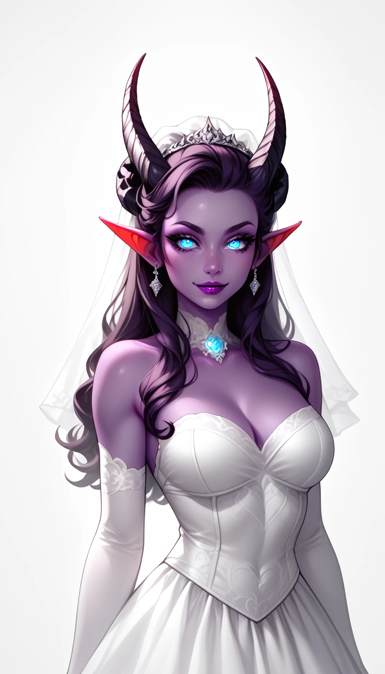 score_9, score_8_up, score_7_up, 1girl, solo, flowing hair, glowing blue eyes, cute curved ram horns, sharp ears, purple skin, demoness, stark white background, limited red palette, monochromatic, eerie atmosphere, light wedding dress, seductive,