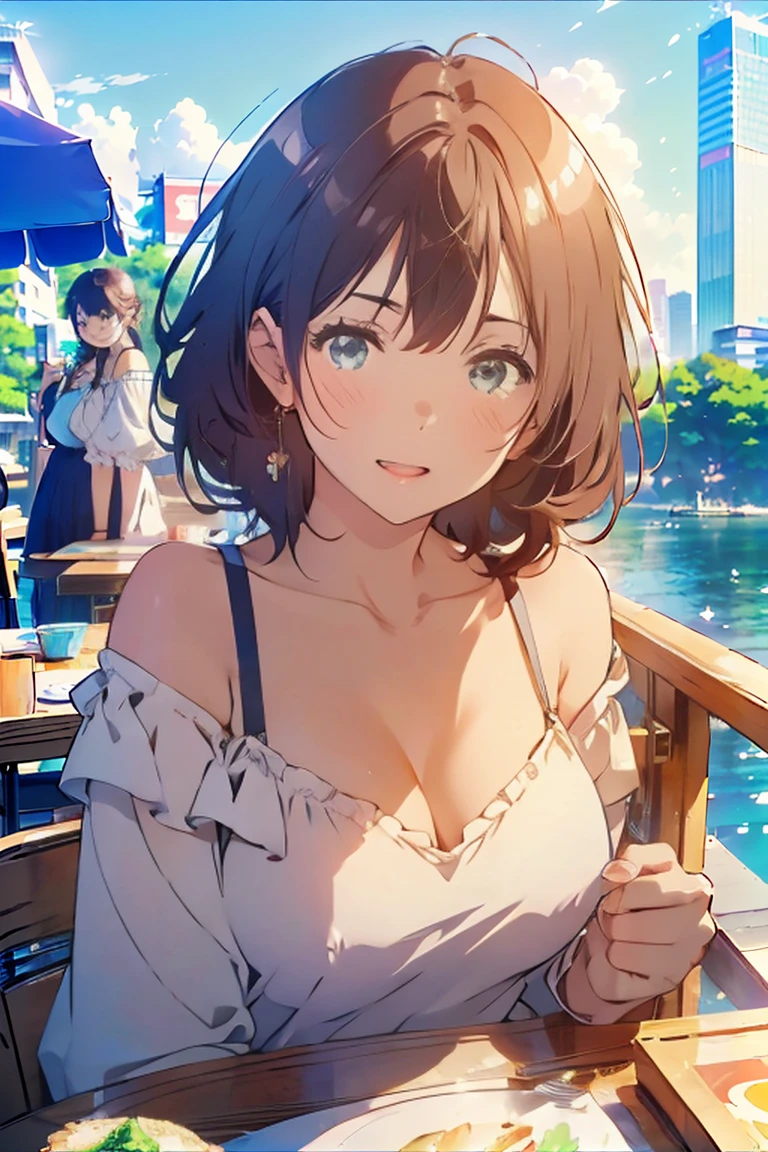 (Highest quality:1.4、masterpiece:1.4、Super detailed:1.4、Ultra-high resolution:1.4、8K:1.4)、F cup bust、Big Breasts、Slim body、((((1 person、Surprised expression、sit、Chair、In the background are the urban buildings of Tokyo、looking at the camera、Outdoor café terrace、coastal、juice、Shooting up close、Shooting from an angle、table、Very cute face))))、(Pose with hands tucked behind ears:1.4、Cheek resting on hand:1.4）、((nude、very beautiful areola、Off-shoulder camisole))、Nipples、Very blue sky、A completely cloudless sky