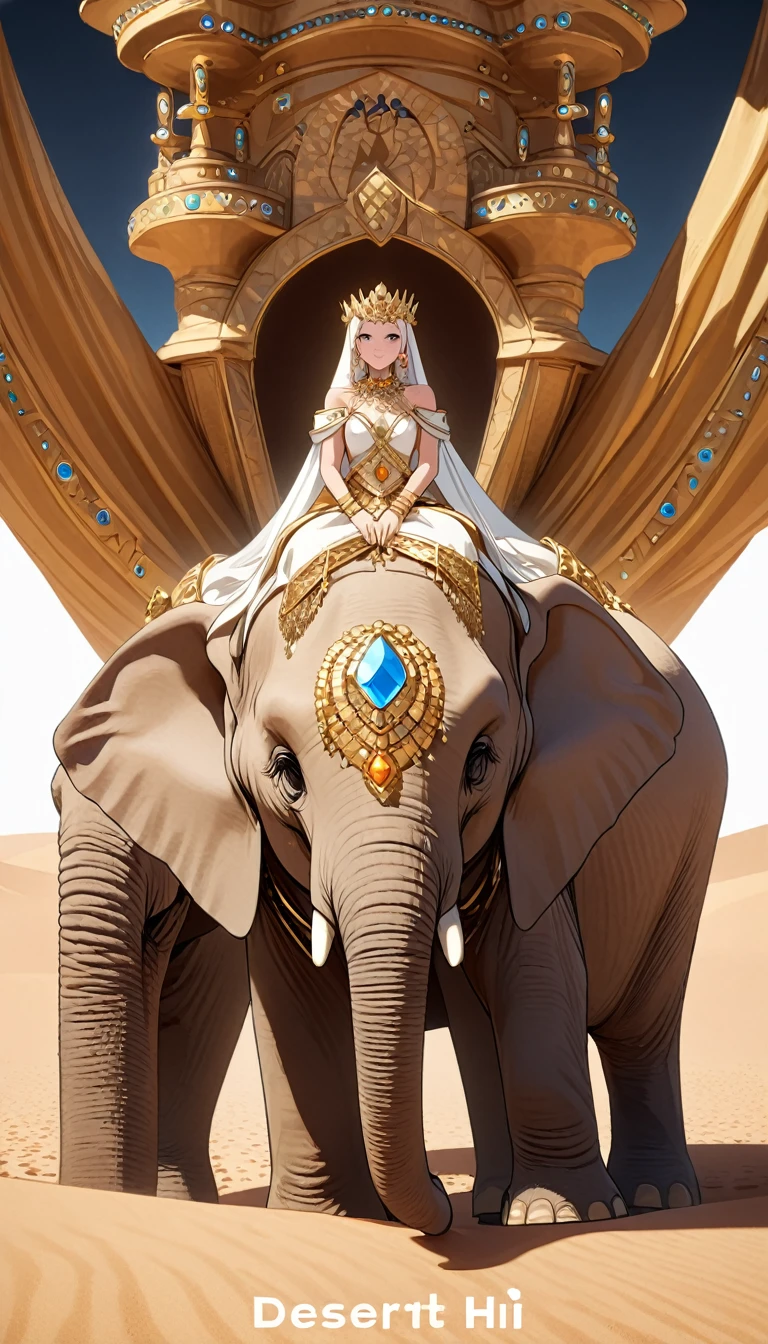 pov, (blank background),focus on Desert Princess, standing, 1girl sit on elephant,Text say "Hi!", detailed, high quality, 8K, desert, E7E48U,gems, golds,coins