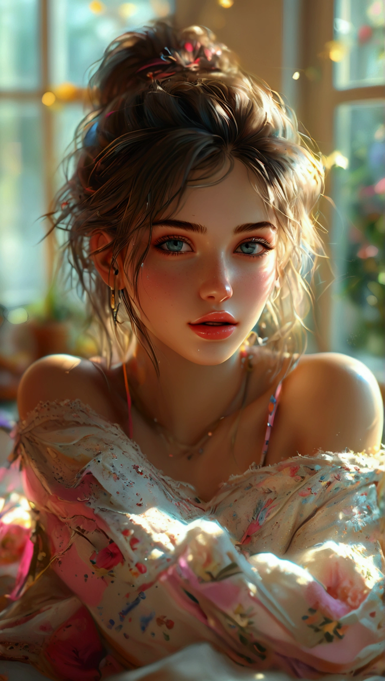 a beautiful e-girl, detailed face with beautiful eyes, lips, long eyelashes, messy hair, wearing colorful casual outfit, enjoying weekend in a cozy room, sunlight shining through the window, (best quality,4k,8k,highres,masterpiece:1.2),ultra-detailed,(realistic,photorealistic,photo-realistic:1.37),intricate details, soft lighting, warm color palette, beautiful composition