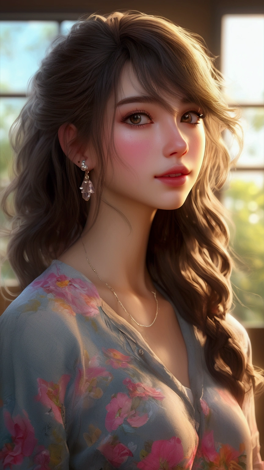 a beautiful e-girl, detailed face with beautiful eyes, lips, long eyelashes, messy hair, wearing colorful casual outfit, enjoying weekend in a cozy room, sunlight shining through the window, (best quality,4k,8k,highres,masterpiece:1.2),ultra-detailed,(realistic,photorealistic,photo-realistic:1.37),intricate details, soft lighting, warm color palette, beautiful composition