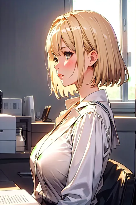 1 girl, side view, in a office, office suit, blonde, beautiful detailed white eyes, short haircut, chocker, beautiful detailed l...