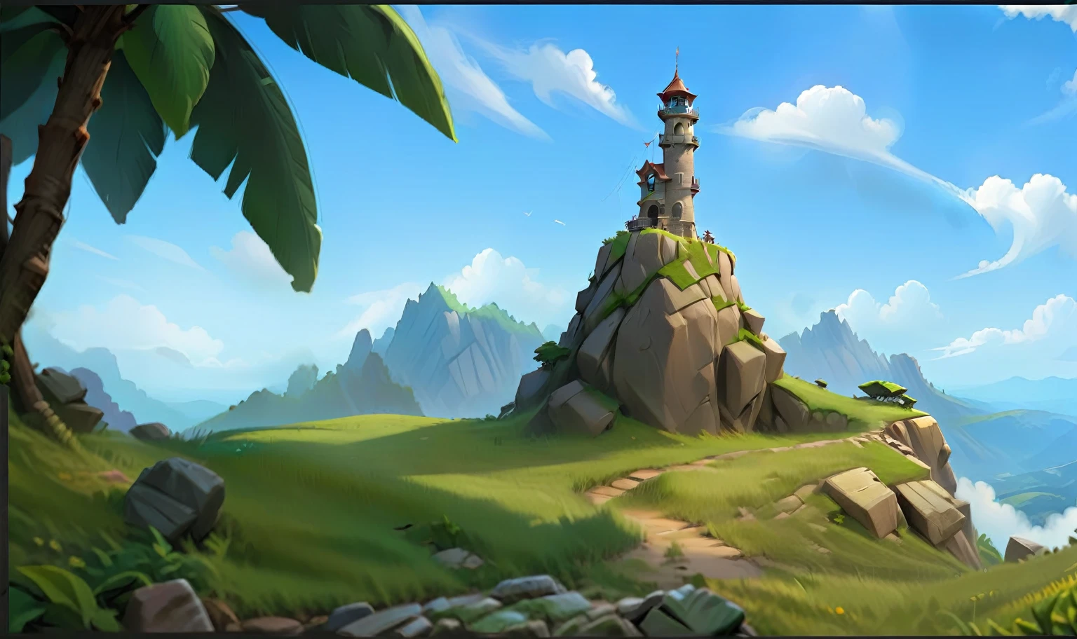 Stone Mountain，lookout tower，grassland，cliff。Fantasy style.Concept Art, Pixar,, best quality，Clash Royale style