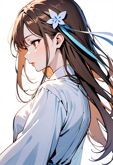 adult、woman、profile、look back、Brown Hair、Long Hair、Close up of upper body、A large light blue ribbon hair ornament、Orange lipstic...