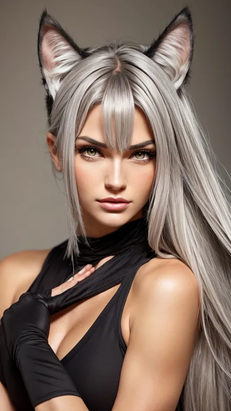 gray hair. tall athletic woman with cat ears. cat girl with. height 180cm. amber eyes. cat eye shape. rough but beautiful facial...