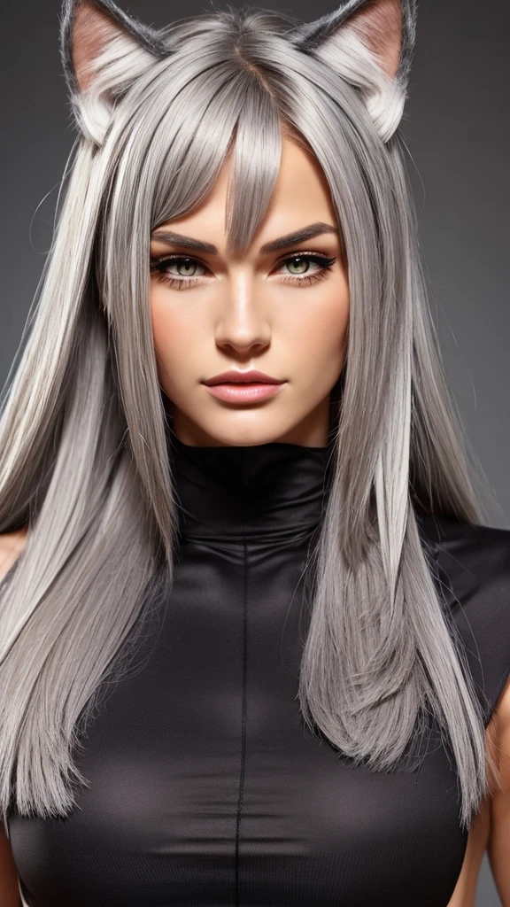 Gray hair. Tall athletic woman with cat ears. Cat girl with. Height 180cm. Amber eyes. Cat eye shape. Rough but beautiful facial features. European eye shape.