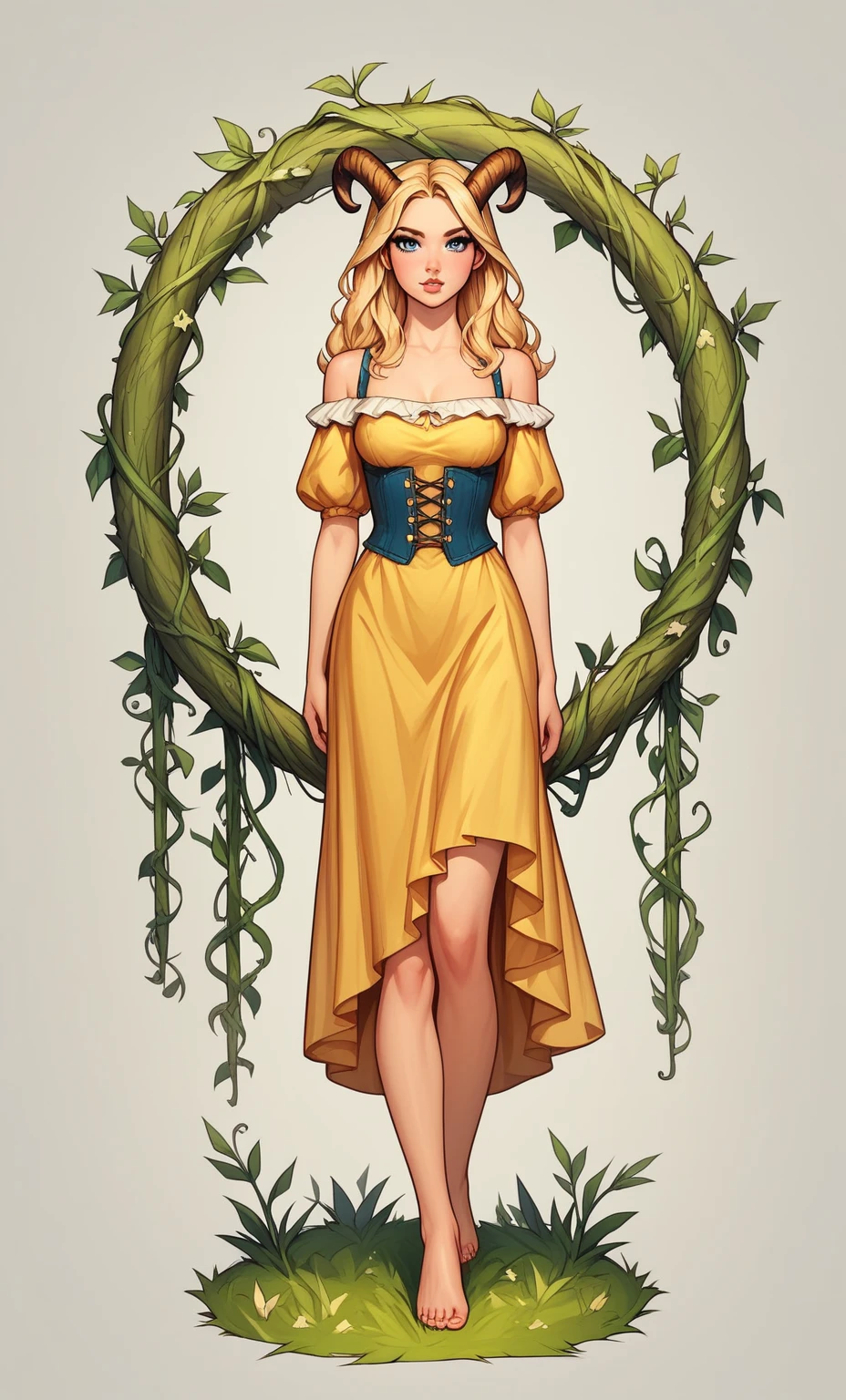 check_9, check_8_up, check_7_up, check_6_up, check_5_up, check_4_up, SorakaLoLXL, masterpiece, Best quality, A high resolution, bbandro, Yellow medieval summer girl, concept, the vines on the hand and the horns from the vine look at the viewer, full length, standing on my feet, legs wrapped in roots, dressed, blonde, Blue eyes