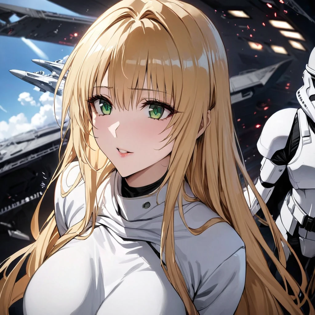 ((Highest quality)), ((masterpiece)), (detailed), （Perfect Face）、The woman is Tier, a beautiful comfort woman with green eyes and medium-long blonde hair who is lined up in order with other comfort women stormtroopers on an Imperial spaceship and serves Emperor Palpatine in allegiance.