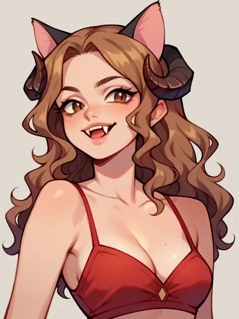 half body, a pretty woman, long blond wavy hair, brown eyes, casual clothes, cat ears and tail, fangs, horns, sexy,