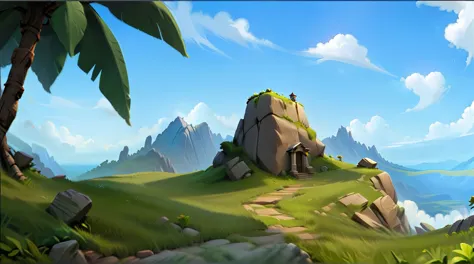 Stone Mountain，lookout tower，grassland，cliff。Fantasy style.Concept Art, Pixar,, best quality，Clash Royale style