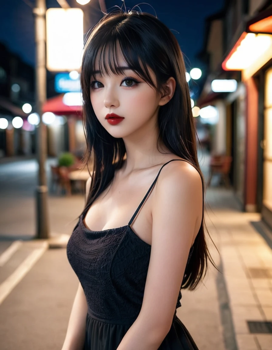 a girl，cute and pretty face，Long straight black hair，Long bangs covering eyes，long eyelashes，(Fine eyes)，small eyes，(half-closed eyes)，(Dark lipstick)，(Dark eyeshadow)，Slim body，Huge breasts，Slender limbs，spaghetti strap dress，outside an old coffee shop，night，clean focus，shallow Depth of Field，Ultra-detailed faces，very beautiful face，Extremely high texture skin，Look to viewer，little smirk，beautiful legs，seductive，femainine pose，(realistic ，realistic-photo，RAW photo，8K original)，lens flare，film grain，artistic photography，UHD，highreasterpiece，retina，