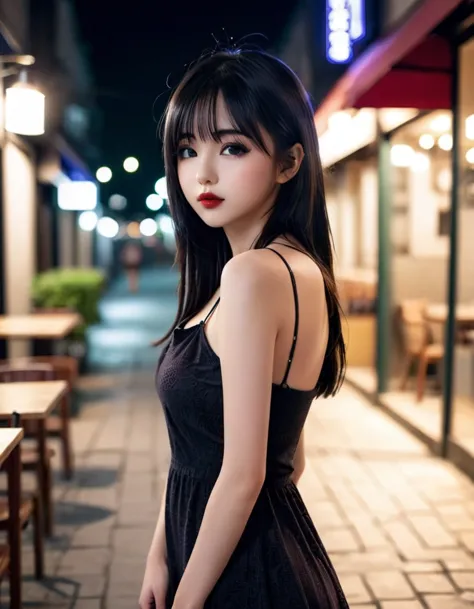 a girl，cute and pretty face，long straight black hair，long bangs covering eyes，long eyelashes，(fine eyes)，small eyes，(half-closed...