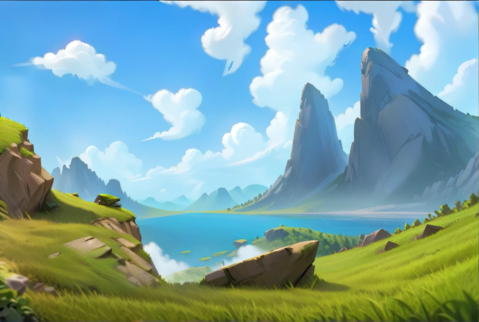 Stone Mountain，grassland，cliff。Fantasy style.Concept Art, Pixar,, best quality，Clash Royale style