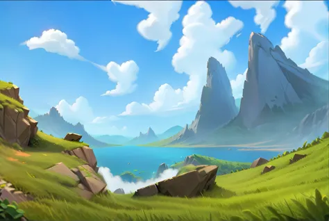 stone mountain，grassland，cliff。fantasy style.concept art, pixar,, best quality，clash royale style