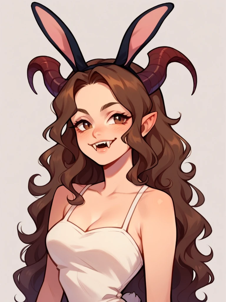 Half body, A pretty woman, long blond wavy hair, Brown eyes, Casual clothes, bunny ears and tail, fangs, horns, sexy, 