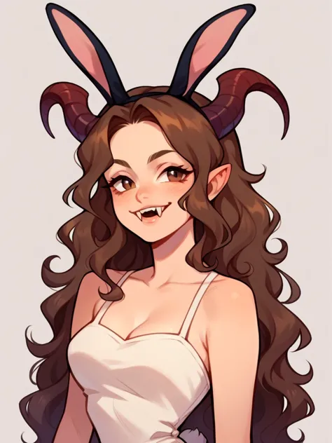 half body, a pretty woman, long blond wavy hair, brown eyes, casual clothes, bunny ears and tail, fangs, horns, sexy,