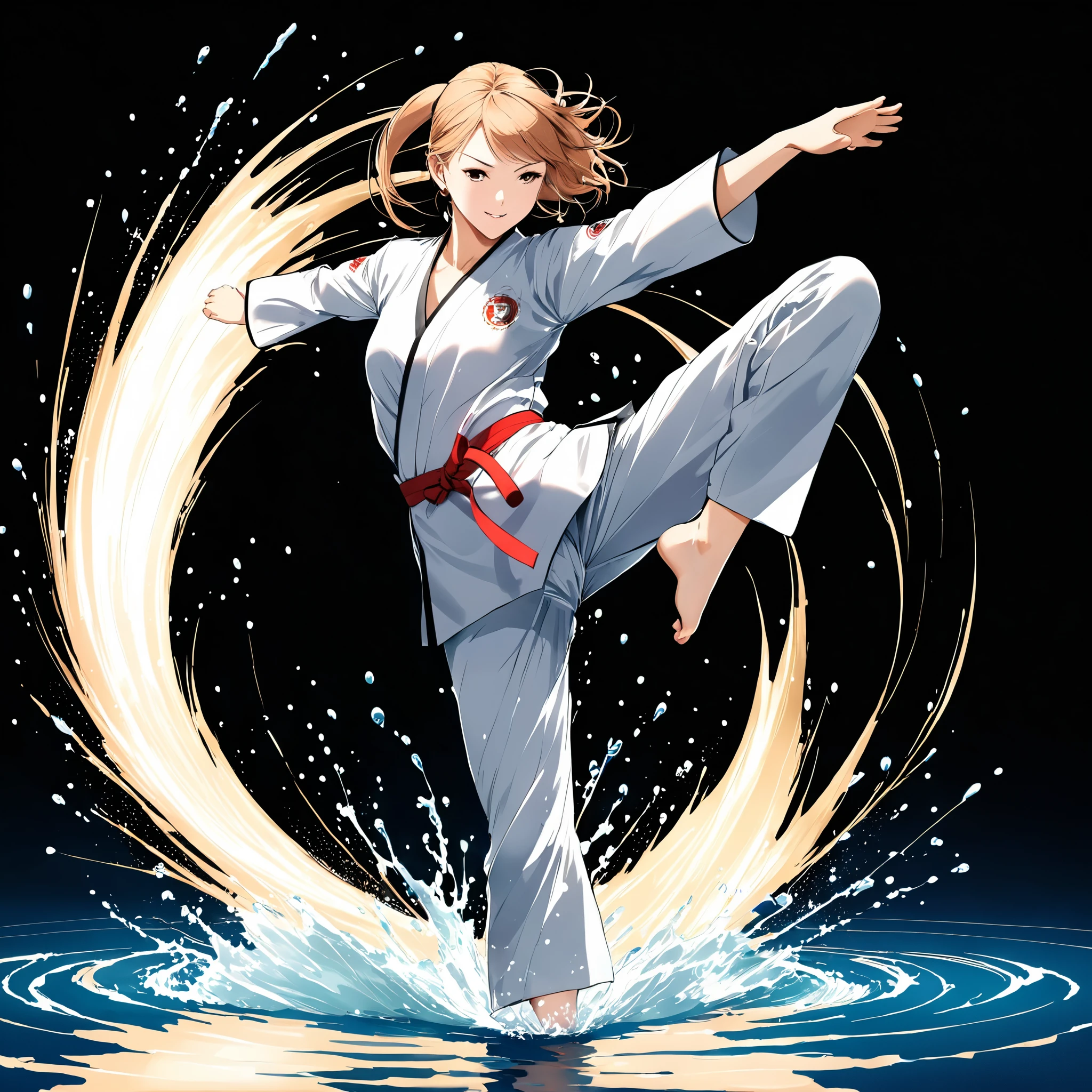 1girl,Rotating feet，Kick，Taekwondo moves，The feet draw an elegant circular arc in the air，Water splashes on the edge of a circular arc，Show the power of this kick，With a sense of speed，(Speed Lines，Motion Blur:1.8）