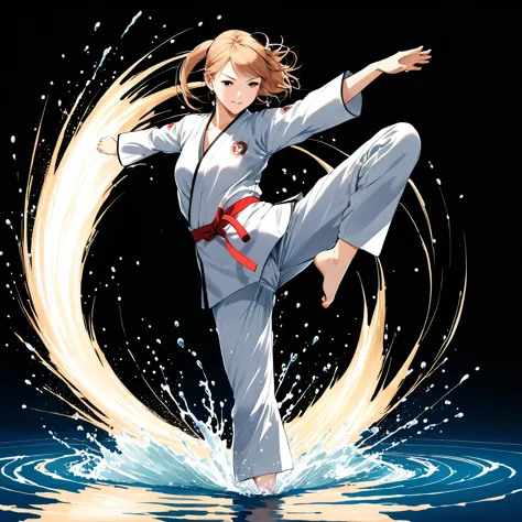 1girl,Rotating feet，Kick，Taekwondo moves，The feet draw an elegant circular arc in the air，Water splashes on the edge of a circul...