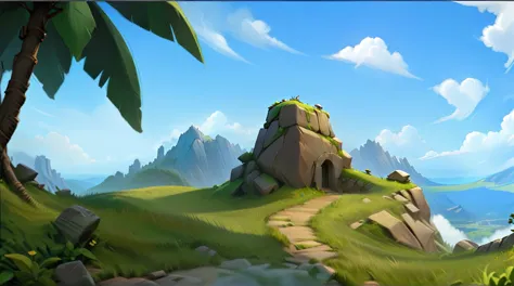 stone mountain，lookout tower，grassland，cliff。fantasy style.concept art, pixar,, best quality，clash royale style