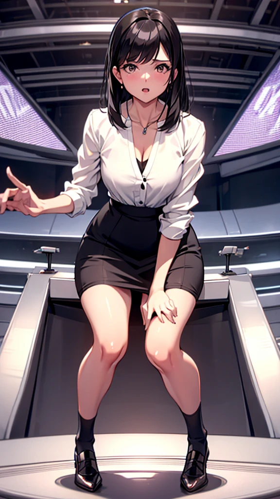 skirtlift,Black Hair,suit,White blouse,Pencil Skirt,Cleavage,From below,On all fours:1.5 News Programs,studio,Live Broadcast,Open your legs as wide as you can,M-shaped legs,orgasm