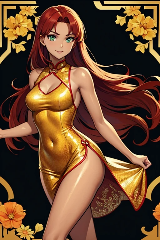 (golden dress), (red hair), (very dark tanned skin), young_starfire, (golden cheongsam dress), (glossy golden dress| metallic material), (red floral pattern on dress), beautiful body, cleavage, lace, straight_hair, thin_body_and_legs, small_boobs, evil_smile, villain, thin_body, skinny body, realistic_legs, green_eyes, beautiful, high resolution, 8k, cowboy shot