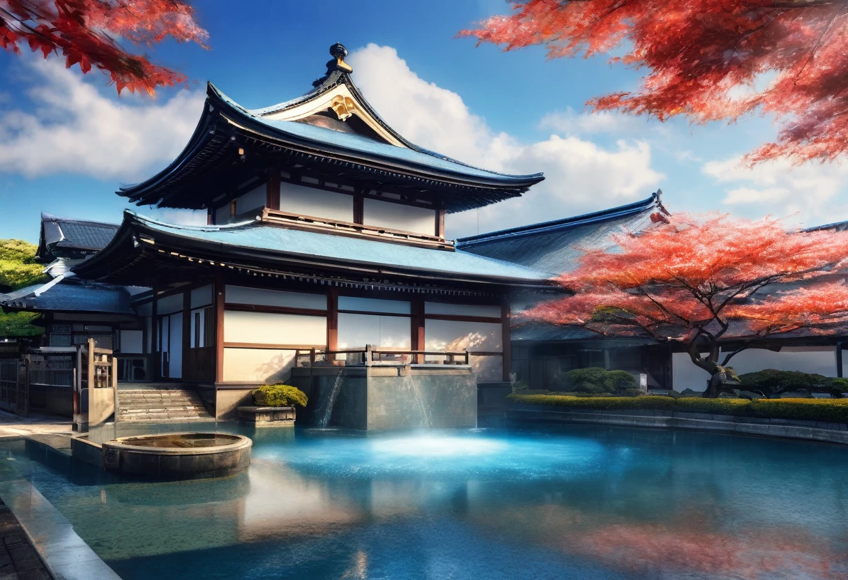 blue sky, blue lighting, japanese building, fountain, small cloud, day time, HDR, 4k resolution, (painting realistic : 1.3), (ultra high resolution: 1.0 ), (((best quality, 8 thousand, masterpiece:1.4))