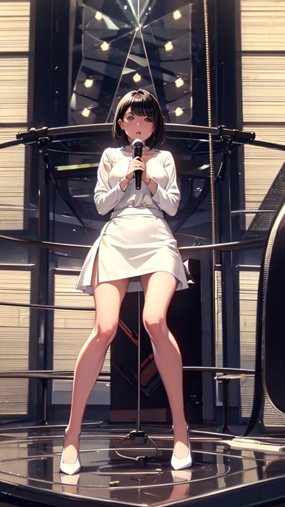 microphone,camera,skirtlift,Black Hair,suit,White blouse,Pencil Skirt,Cleavage,From below,On all fours:1.5 News Programs,studio,Live Broadcast,Open your legs as wide as you can,M-shaped legs,orgasm