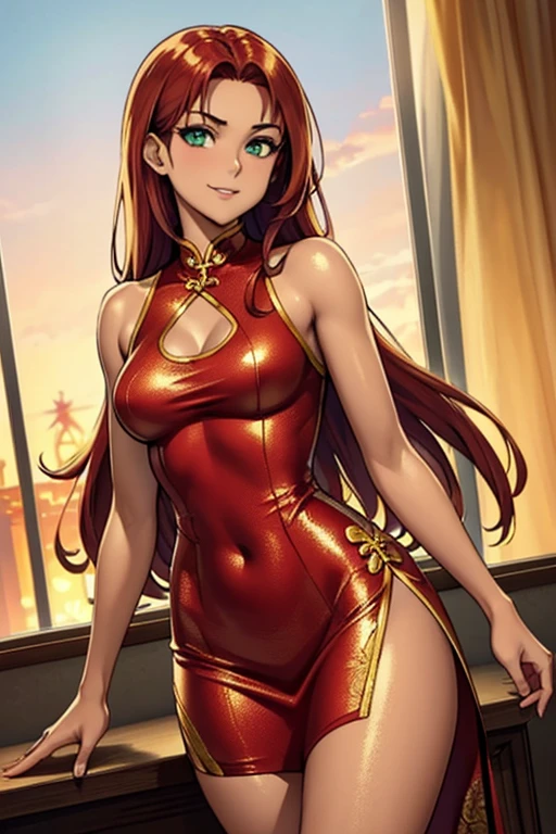 (golden dress), (red hair), (very dark tanned skin), young_starfire, (ultrashort golden cheongsam dress), (glossy golden dress| metallic material), (red floral pattern on dress), beautiful body, cleavage, lace, straight_hair, thin_body_and_legs, small_boobs, evil_smile, villain, thin_body, skinny body, realistic_legs, green_eyes, beautiful, high resolution, 8k, cowboy shot